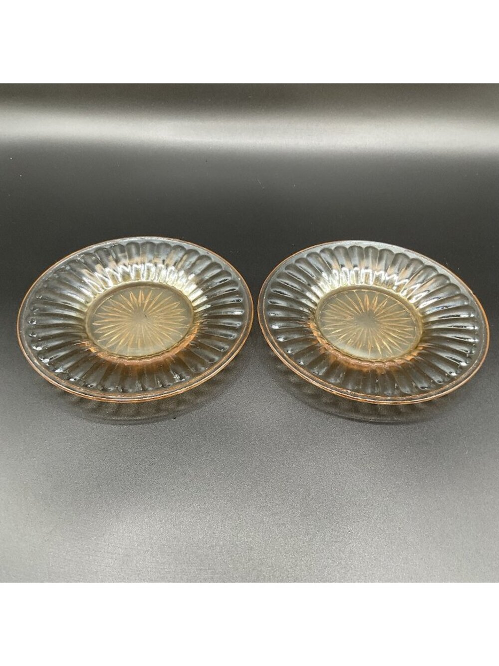 Vintage Pink Depression Style Glass Plates Starburst Ribbed Small Set of 2